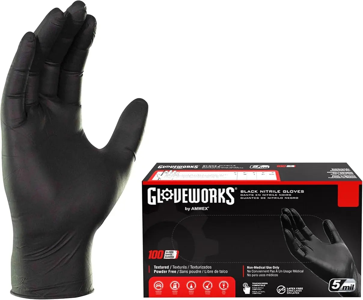 GloveWorks Nitrile Gloves- Black (MEDIUM) - D' Mayra Beauty Supply 